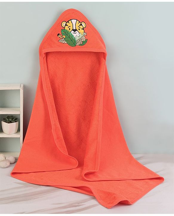 Babyhug Knit Terry Two Layer Towel with Hood Tiger Applique L 76.2 x B 76.2 cm - Orange