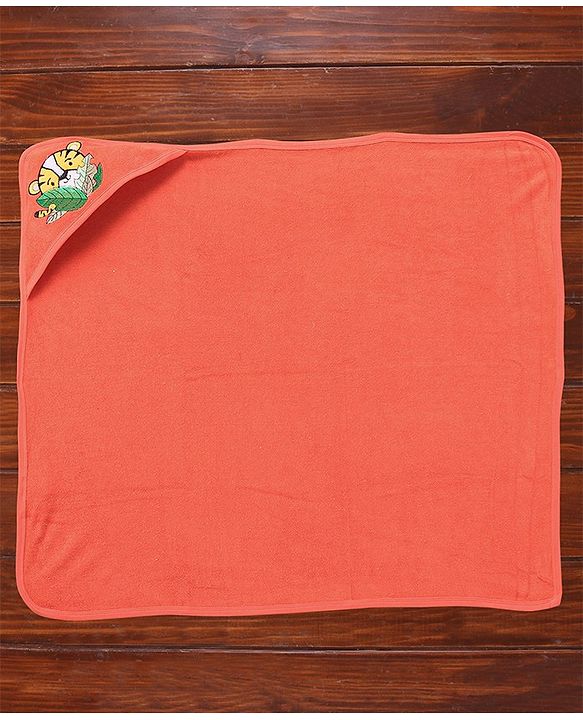 Babyhug Knit Terry Two Layer Towel with Hood Tiger Applique L 76.2 x B 76.2 cm - Orange