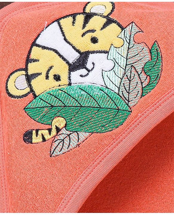 Babyhug Knit Terry Two Layer Towel with Hood Tiger Applique L 76.2 x B 76.2 cm - Orange