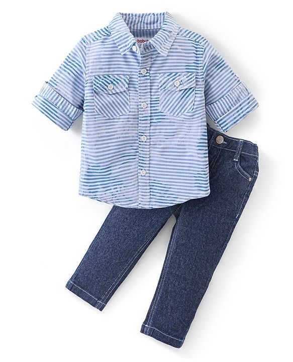 Babyhug Full Sleeves Jacquard Striped Shirt and Denim Jeans - Blue