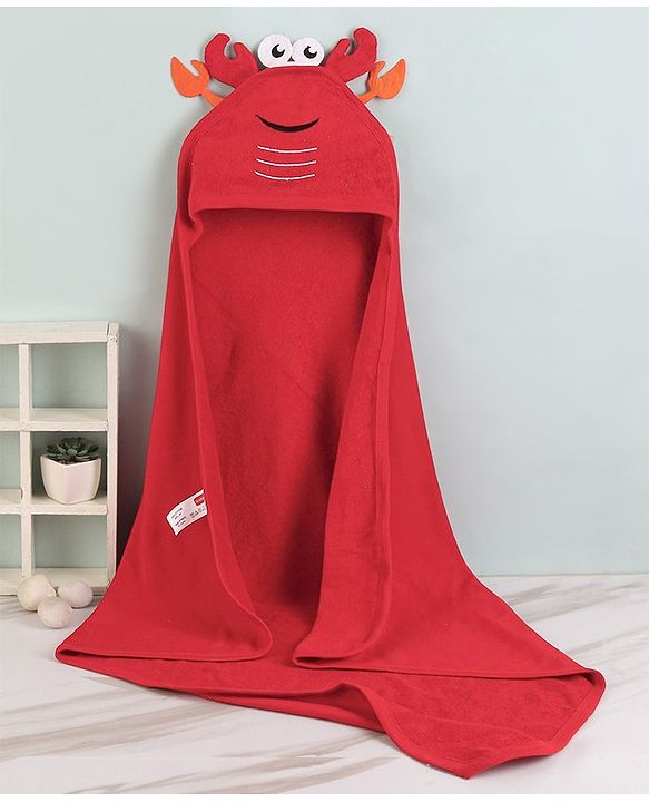 Babyhug Cotton Terry Knit Towel with Hood Crab Applique L 76.2 x B 76.2 cm - Red
