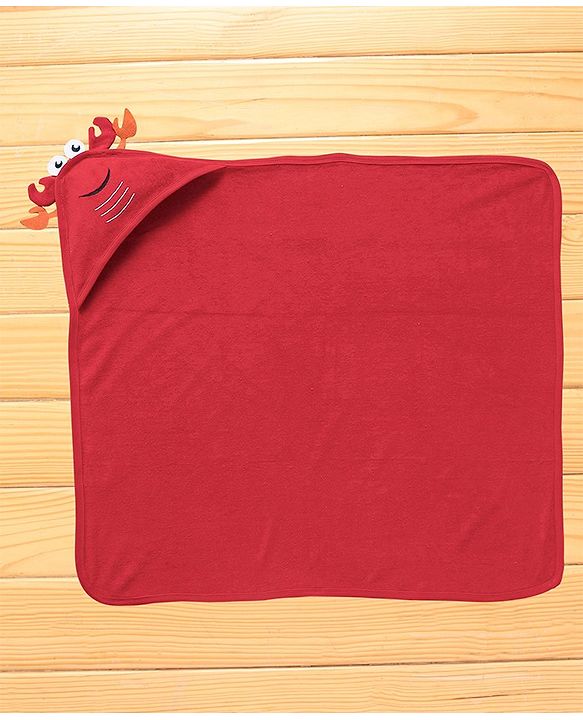 Babyhug Cotton Terry Knit Towel with Hood Crab Applique L 76.2 x B 76.2 cm - Red