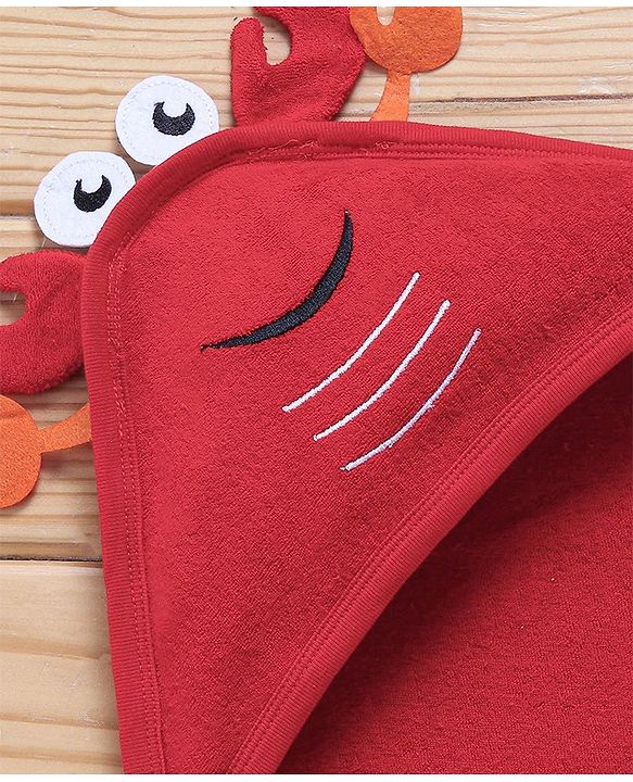 Babyhug Cotton Terry Knit Towel with Hood Crab Applique L 76.2 x B 76.2 cm - Red