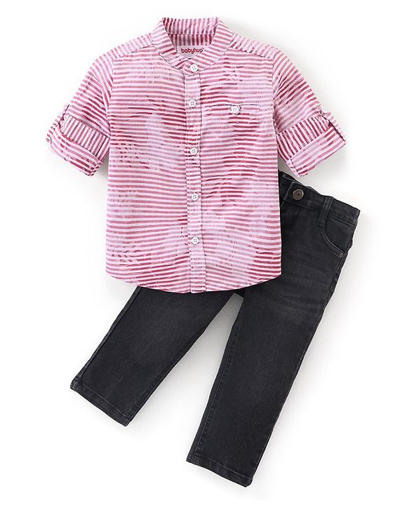 Babyhug Full Sleeves Jacquard Striped Shirt and Denim Jeans - Red & Black