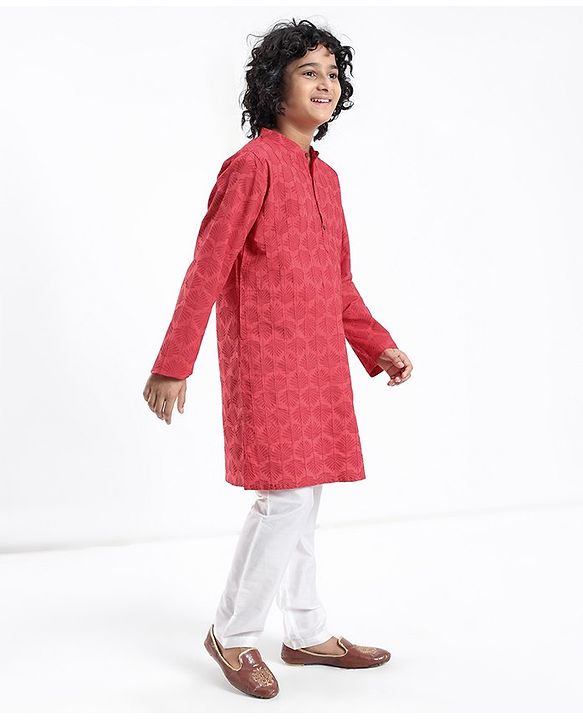 Pine Kids Cotton Woven Full Sleeves Pintucks Kurta Pyjama Set - Red