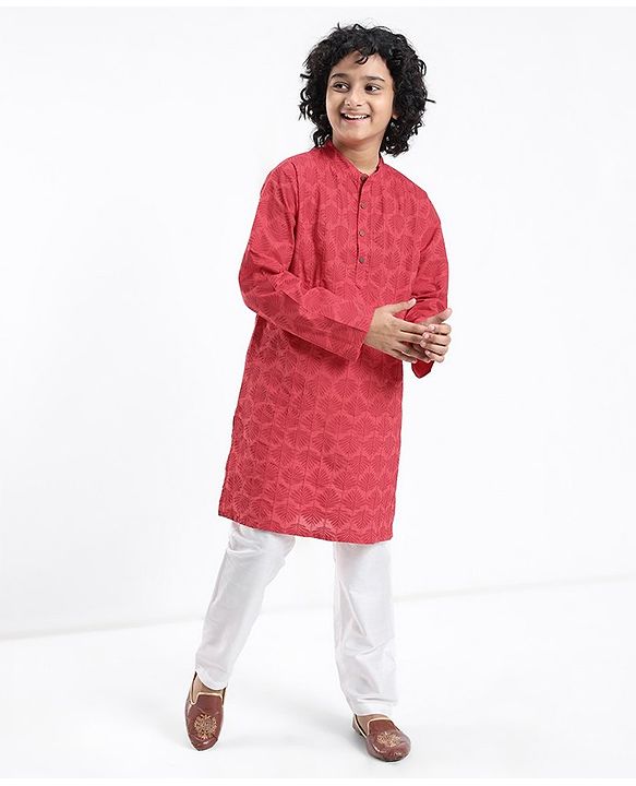 Pine Kids Cotton Woven Full Sleeves Pintucks Kurta Pyjama Set - Red