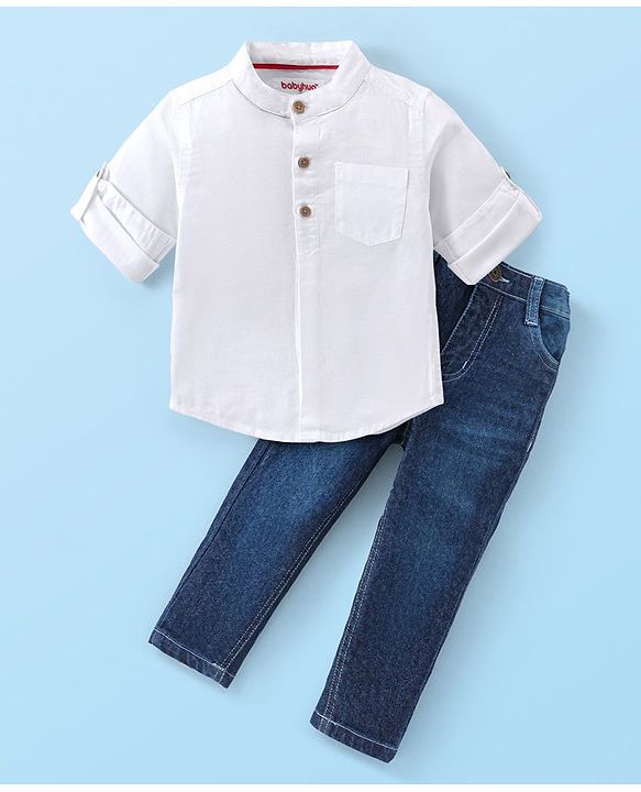 Babyhug 100% Cotton Slub Full Sleeves Shirt & Jeans With Solid Colour - White & Blue