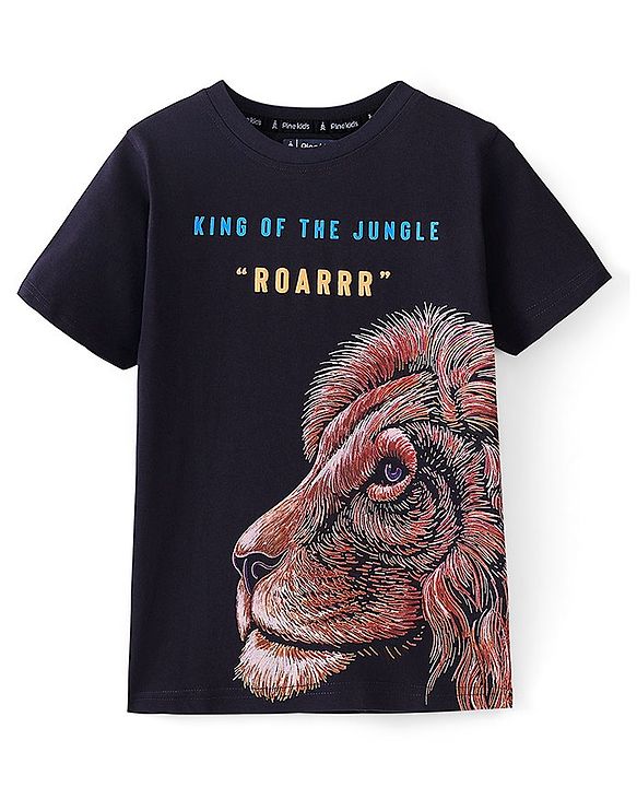 Pine Kids 100% Cotton Knit Half Sleeves T-Shirt Lion Print - Black