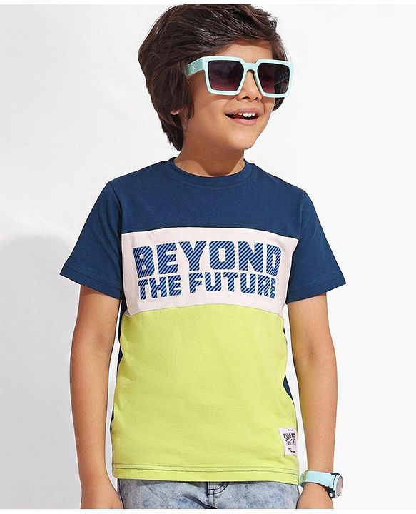 Pine Kids 100% Cotton Knit Half Sleeves Cut & Sew T-Shirt with Text Print-Green & Blue