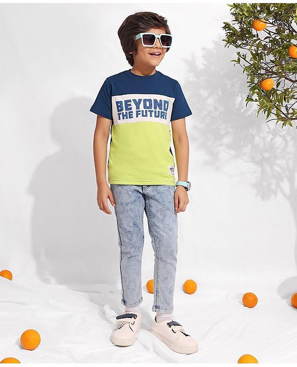 Pine Kids 100% Cotton Knit Half Sleeves Cut & Sew T-Shirt with Text Print-Green & Blue