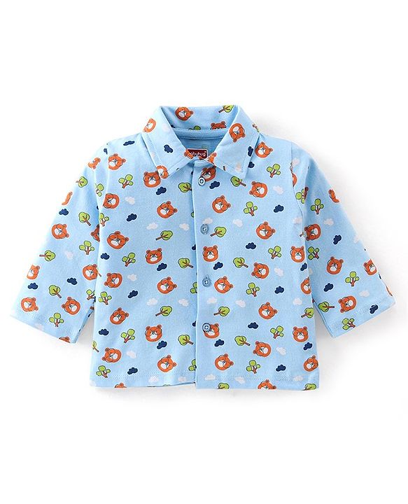 Babyhug Cotton Knit Full Sleeves Night Suit with Bear Print - Blue