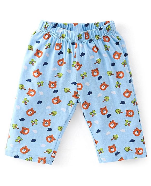 Babyhug Cotton Knit Full Sleeves Night Suit with Bear Print - Blue