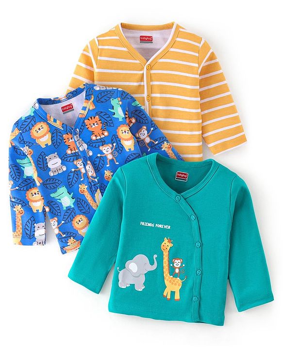 Babyhug 100% Cotton Knit Full Sleeves Front Open Jhablas Elephant Print Pack of 3 - Teal Blue & Yellow