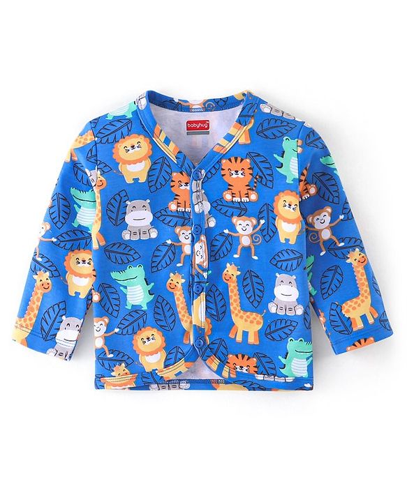Babyhug 100% Cotton Knit Full Sleeves Front Open Jhablas Elephant Print Pack of 3 - Teal Blue & Yellow