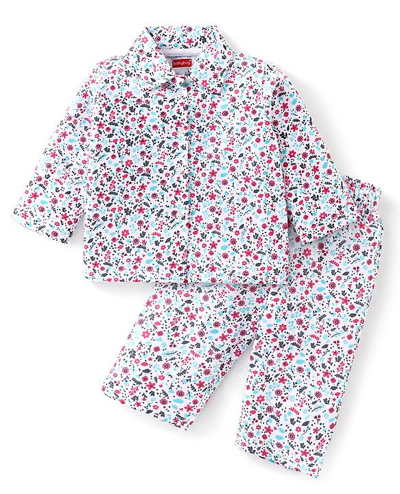 Babyhug Cotton Knit Full Sleeves Floral Printed Night Suit - White