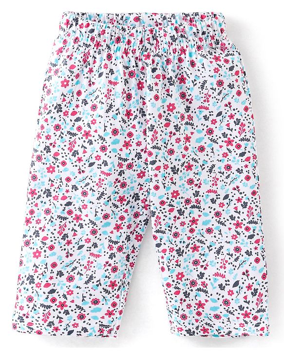Babyhug Cotton Knit Full Sleeves Floral Printed Night Suit - White