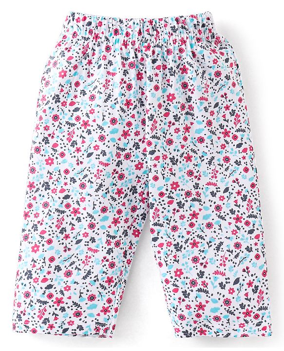 Babyhug Cotton Knit Full Sleeves Floral Printed Night Suit - White