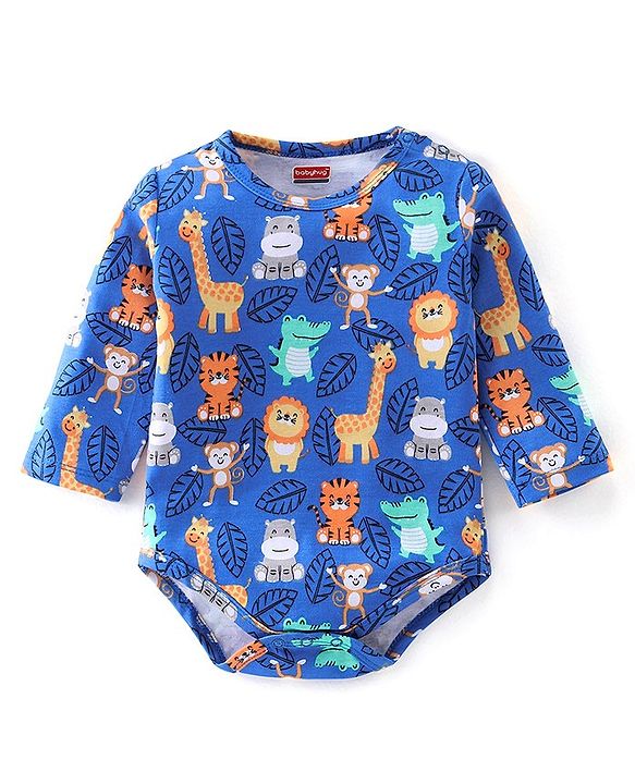 Babyhug 100% Cotton Knit Full Sleeves Wild Animal Print Onesie - Blue