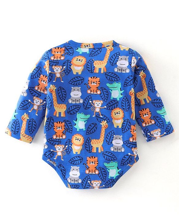 Babyhug 100% Cotton Knit Full Sleeves Wild Animal Print Onesie - Blue