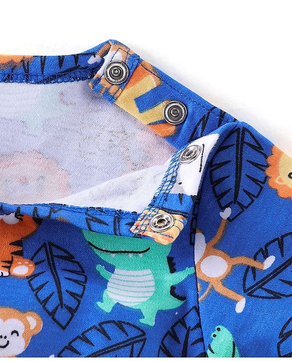 Babyhug 100% Cotton Knit Full Sleeves Wild Animal Print Onesie - Blue