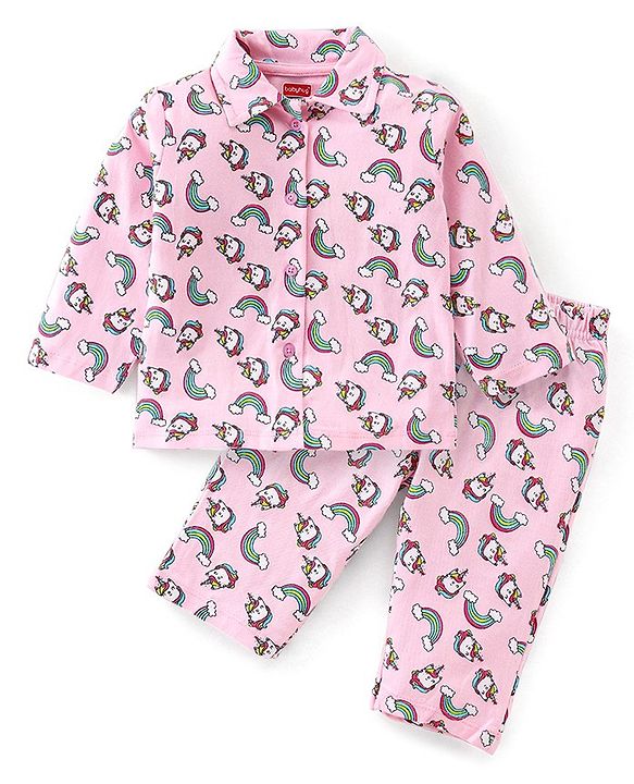 Babyhug Cotton Knit Full Sleeves Unicorn Printed Night Suit - Pink