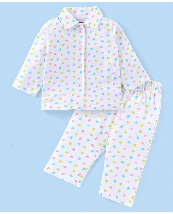 Babyhug Cotton Knit Full Sleeves Night Suit With Heart Print - White