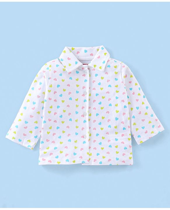 Babyhug Cotton Knit Full Sleeves Night Suit With Heart Print - White
