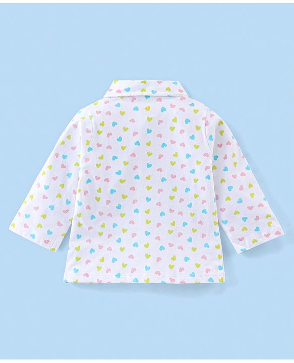 Babyhug Cotton Knit Full Sleeves Night Suit With Heart Print - White