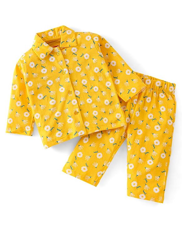 Babyhug Cotton Knit Full Sleeves Floral Printed Night Suit - Yellow