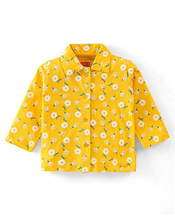 Babyhug Cotton Knit Full Sleeves Floral Printed Night Suit - Yellow