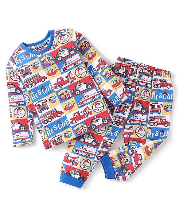 Babyhug Cotton Knit Full Sleeves Night Suit With Vehicles Print - Blue