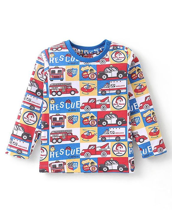 Babyhug Cotton Knit Full Sleeves Night Suit With Vehicles Print - Blue