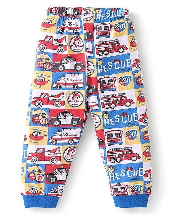 Babyhug Cotton Knit Full Sleeves Night Suit With Vehicles Print - Blue