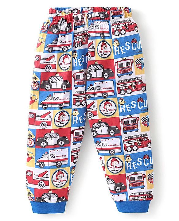 Babyhug Cotton Knit Full Sleeves Night Suit With Vehicles Print - Blue