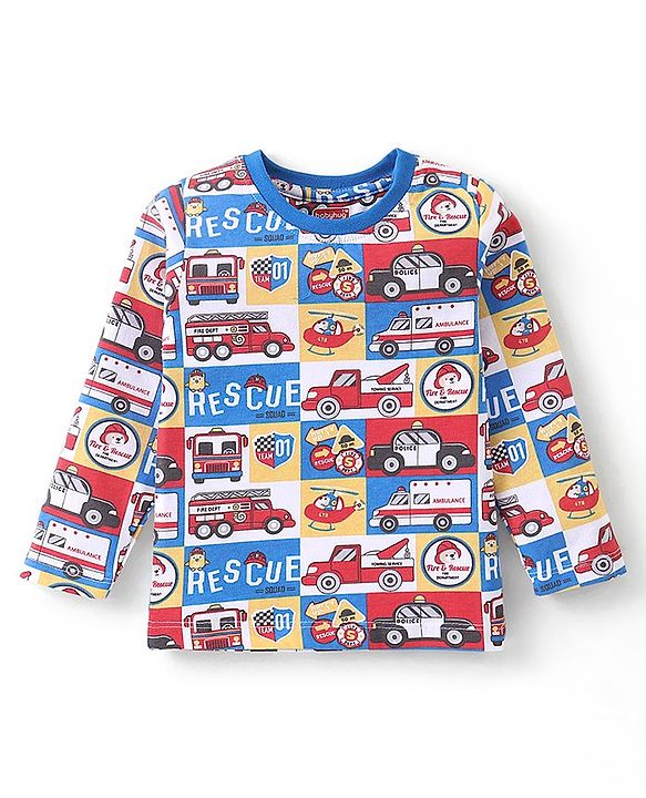 Babyhug Cotton Knit Full Sleeves Night Suit With Vehicles Print - Blue