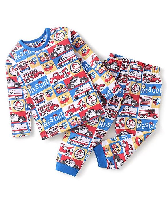 Babyhug Cotton Knit Full Sleeves Night Suit With Vehicles Print - Blue
