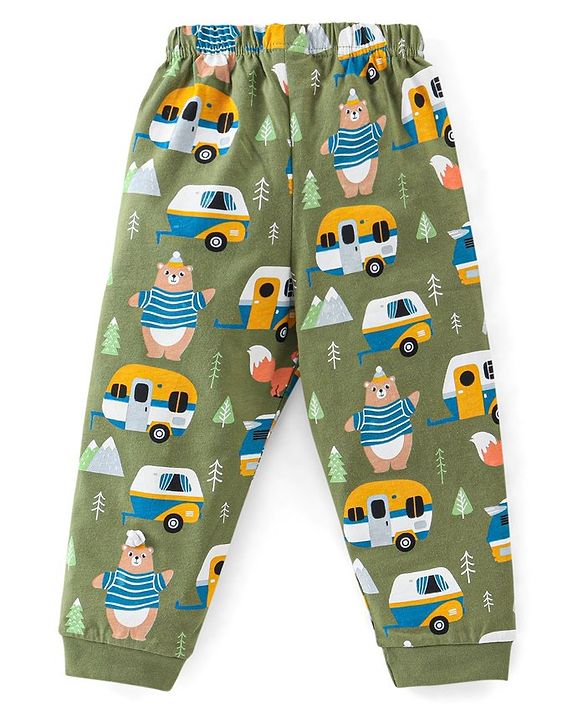 Babyhug Cotton Knit Full Sleeves Camper & Bear Printed Night Suit - Green