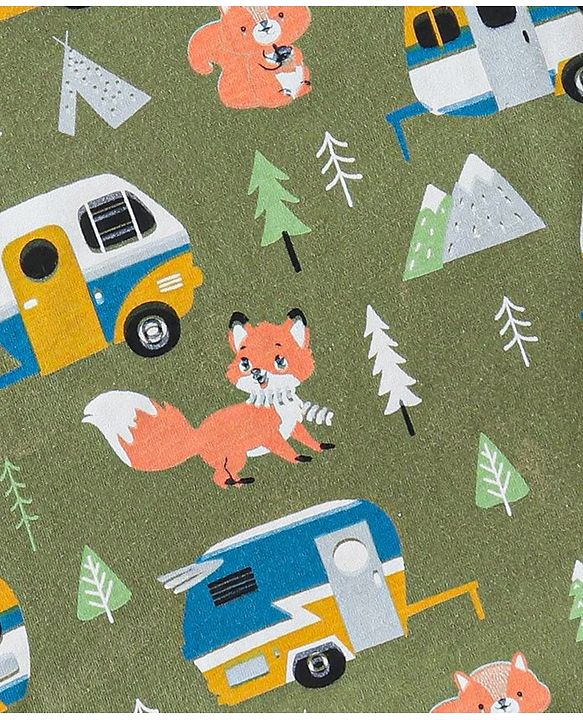 Babyhug Cotton Knit Full Sleeves Camper & Bear Printed Night Suit - Green