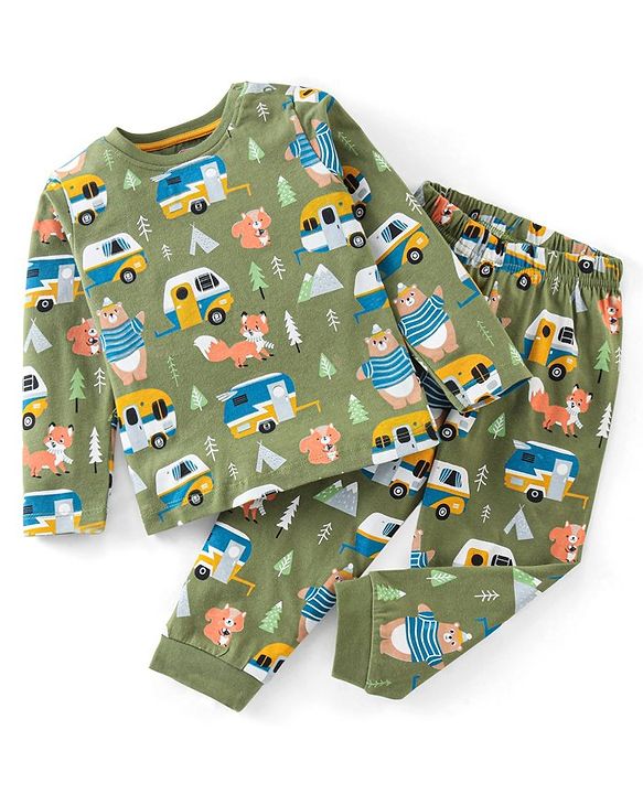 Babyhug Cotton Knit Full Sleeves Camper & Bear Printed Night Suit - Green