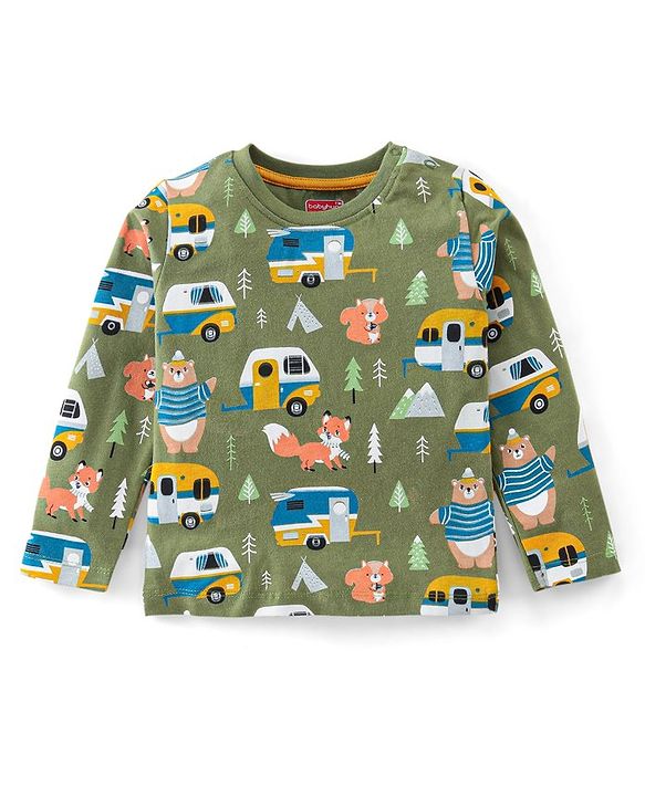 Babyhug Cotton Knit Full Sleeves Camper & Bear Printed Night Suit - Green