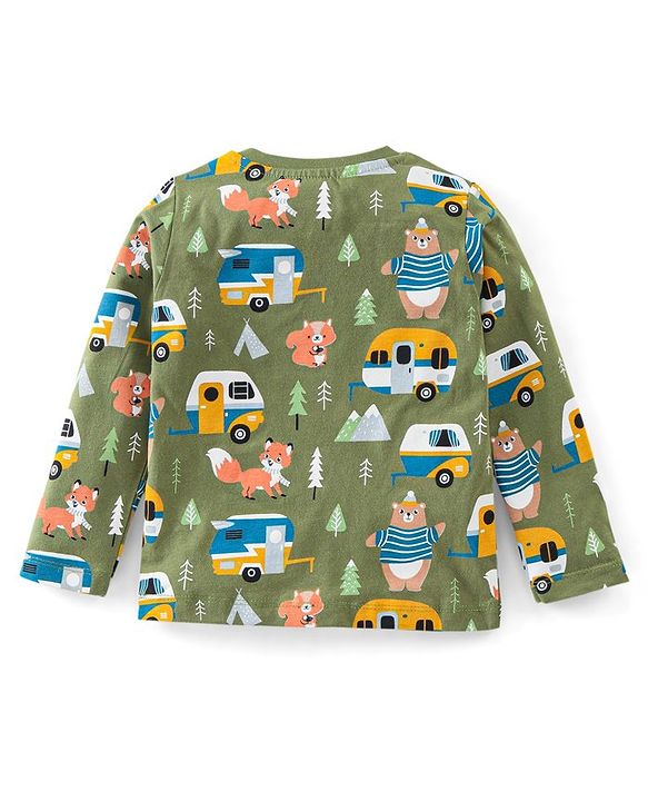 Babyhug Cotton Knit Full Sleeves Camper & Bear Printed Night Suit - Green