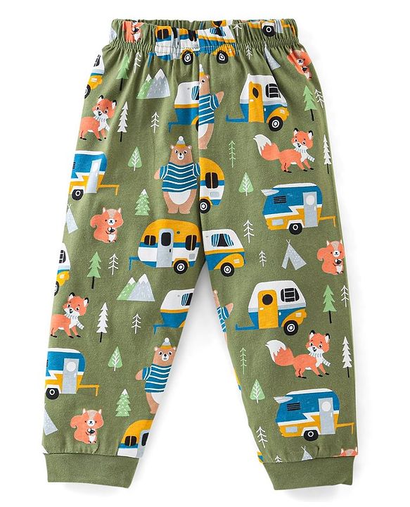 Babyhug Cotton Knit Full Sleeves Camper & Bear Printed Night Suit - Green