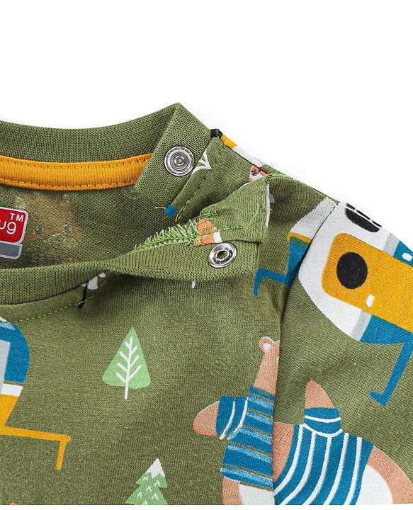 Babyhug Cotton Knit Full Sleeves Camper & Bear Printed Night Suit - Green