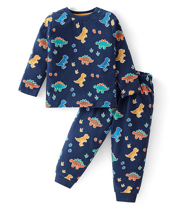 Babyhug Cotton Knit Full Sleeves Dino Printed Night Suit - Navy Blue
