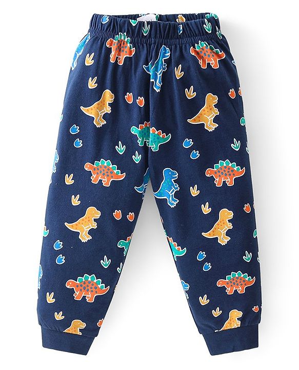 Babyhug Cotton Knit Full Sleeves Dino Printed Night Suit - Navy Blue