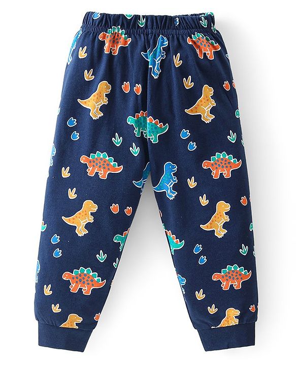 Babyhug Cotton Knit Full Sleeves Dino Printed Night Suit - Navy Blue