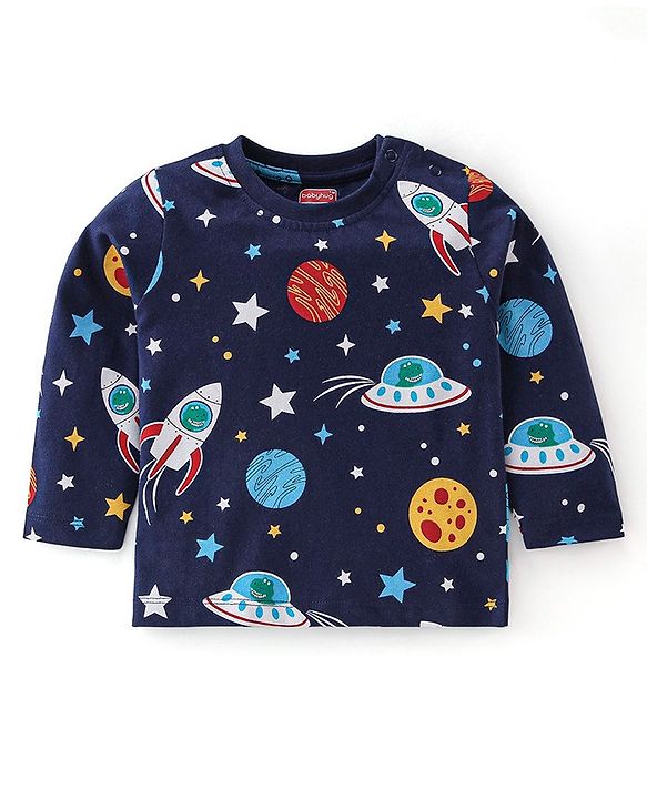 Babyhug Cotton Single Jersey Knit Full Sleeves Night Suit Space Print - Navy Blue