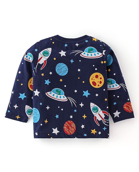 Babyhug Cotton Single Jersey Knit Full Sleeves Night Suit Space Print - Navy Blue