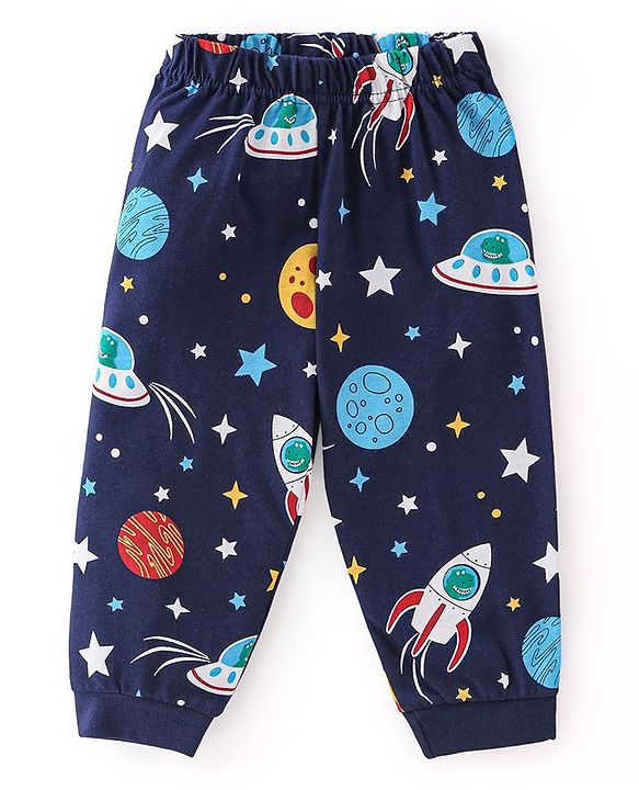 Babyhug Cotton Single Jersey Knit Full Sleeves Night Suit Space Print - Navy Blue