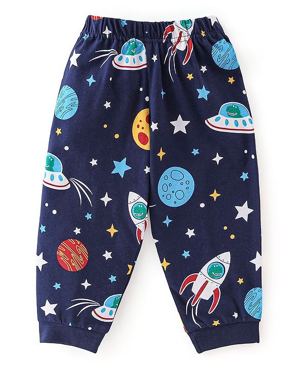 Babyhug Cotton Single Jersey Knit Full Sleeves Night Suit Space Print - Navy Blue